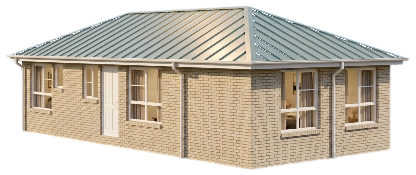 Rendered granny flat with a green metal roof, shown on a transparent background