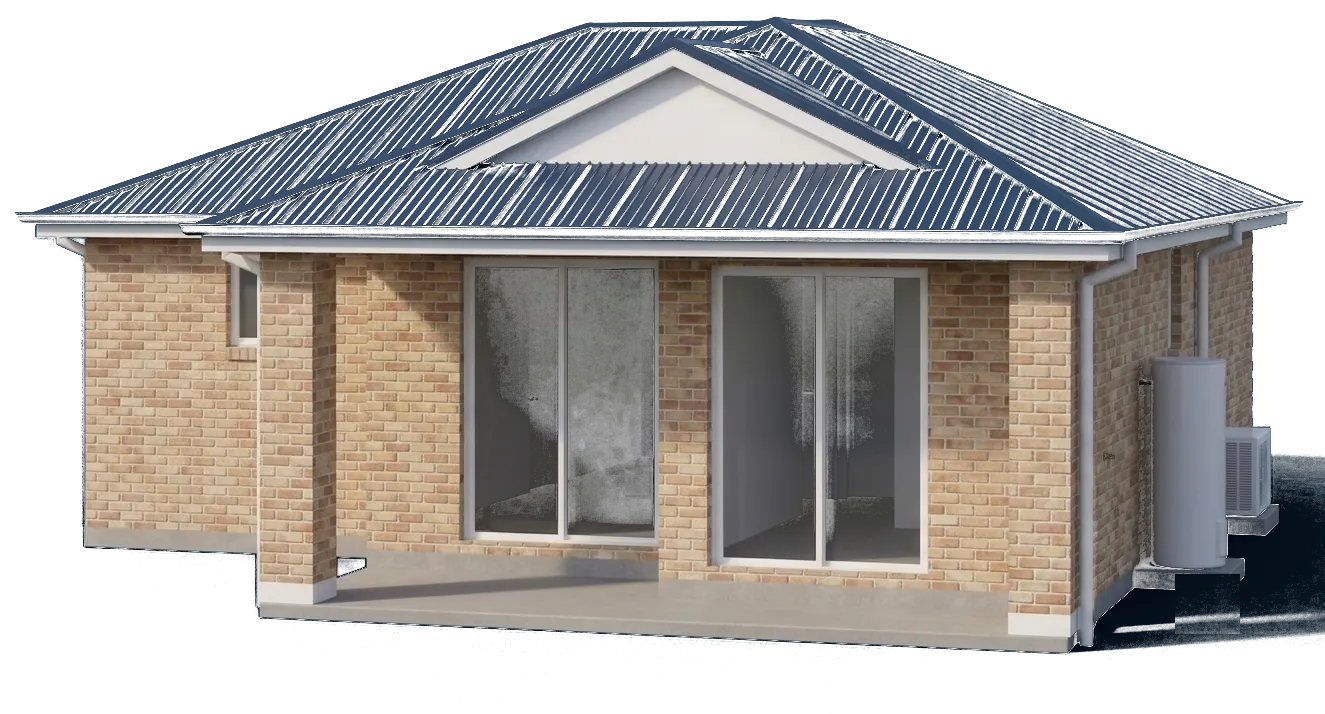 Rendered granny flat with a navy metal roof and brick exterior