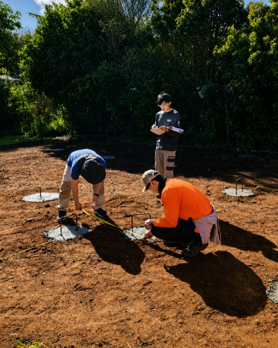 On-site dimension check after the concrete ground piers were completed — 18 July 2026 · Ground piers completed · On-site dimension check