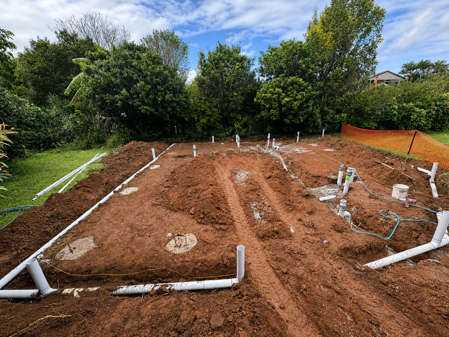 Completed stormwater, sewer and water-service pipework following Council inspection — 22 July 2026 · Stormwater, sewer and water services completed · Council inspection passed